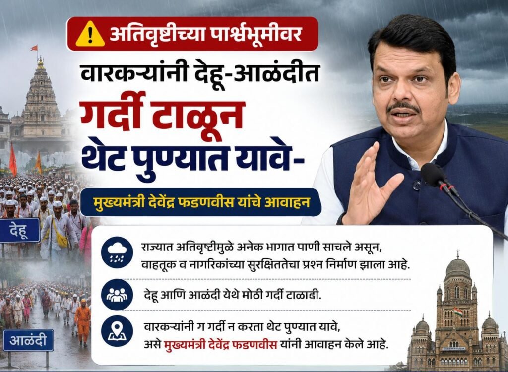 अतिवृष्टीच्या पार्श्वभूमीवर वारकऱ्यांनी देहू-आळंदीत गर्दी टाळून थेट पुण्यात यावे- मुख्यमंत्री देवेंद्र फडणवीस यांचे आवाहन 1010080073
