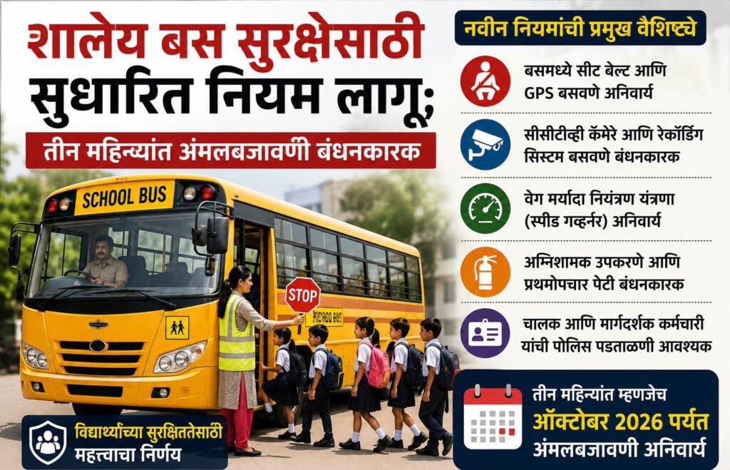 शालेय बस सुरक्षेसाठी सुधारित नियम लागू; तीन महिन्यांत अंमलबजावणी बंधनकारक !! 1010350786