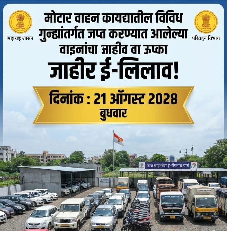 मोटार वाहन कायद्यातील विविध गुन्ह्यांतर्गत जप्त करण्यात आलेल्या जप्त वाहनांचा २१ ऑगस्टला जाहीर ई-लिलाव !! 1010627663