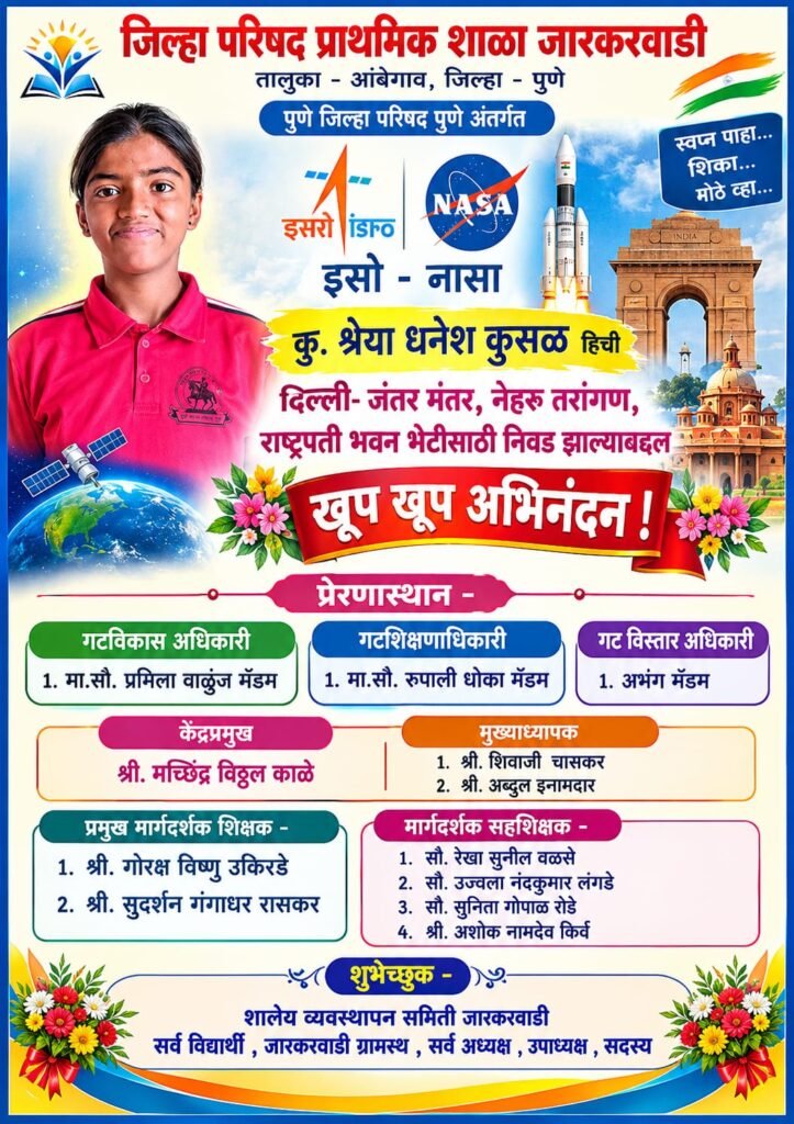 जारकरवाडीच्या श्रेया धनेश कुसळची इस्रो-नासा शैक्षणिक उपक्रमासाठी निवड ; दिल्लीतील जंतरमंतर, नेहरू तारांगण व राष्ट्रपती भवनाला देणार भेट !! 1011494240
